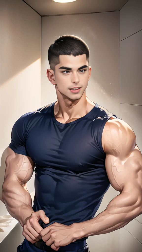 (handsome Man),(crew cut short hair:1.8),black eye,(Wear a fitted round neck t-shirt in navy with a police badge.:1.5),(fit neck),Navy blue jeans,(black_gloves:1.2), Korean guy,chest muscles,large arm muscles,blood vessel,Big muscles,Broad shoulders, (open mouth:1.2),(face up:1.2),(open eyes:1.5), middle of the road,smile, In the bread shop, (bread in hand)