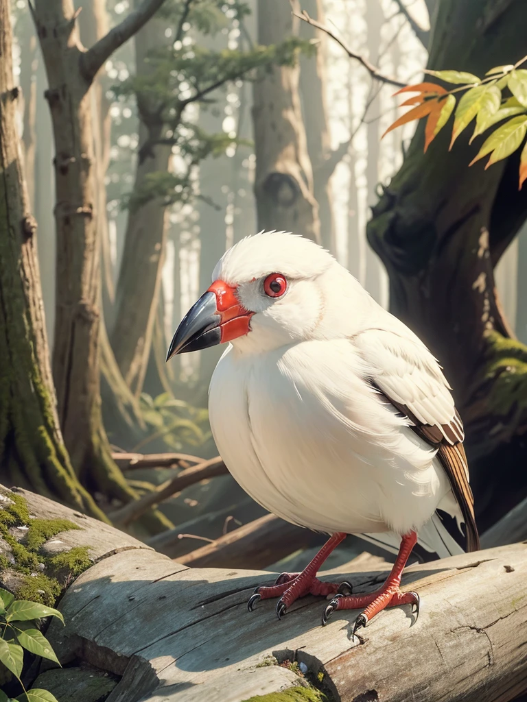 （Highest quality，masterpiece：1.2），Super quality，Red beakを持つアルビノの鳥が木の枝に止まっている，Grasp a thin branch with your feet，Pure white finch：1.5，Pet Birds，slender， Just one，Watching birds,   Cheeky look, birb, Pubic Pose, Intense albinism, Looking away from the camera，Sharp red eyes，Pale yellow beak，Red beak，Beautiful beak， in the forest，Sunlight filtering through the trees，Soft, diffused natural light，Dreamy atmosphere，Fantastic color palette