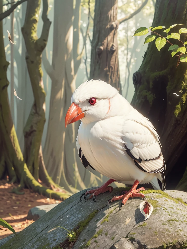 (Highest quality,masterpiece:1.2),Super quality,Red beakを持つアルビノの鳥が木の枝に止まっている,Grasp a thin branch with your feet,Pure white finch:1.5,Pet Birds,slender, Just one,Watching birds, Cheeky look, birb, Pubic Pose, Intense albinism, Looking away from the camera,Sharp red eyes,Pale yellow beak,Red beak,Beautiful beak, in the forest,Sunlight filtering through the trees,Soft, diffused natural light,Dreamy atmosphere,Fantastic color palette