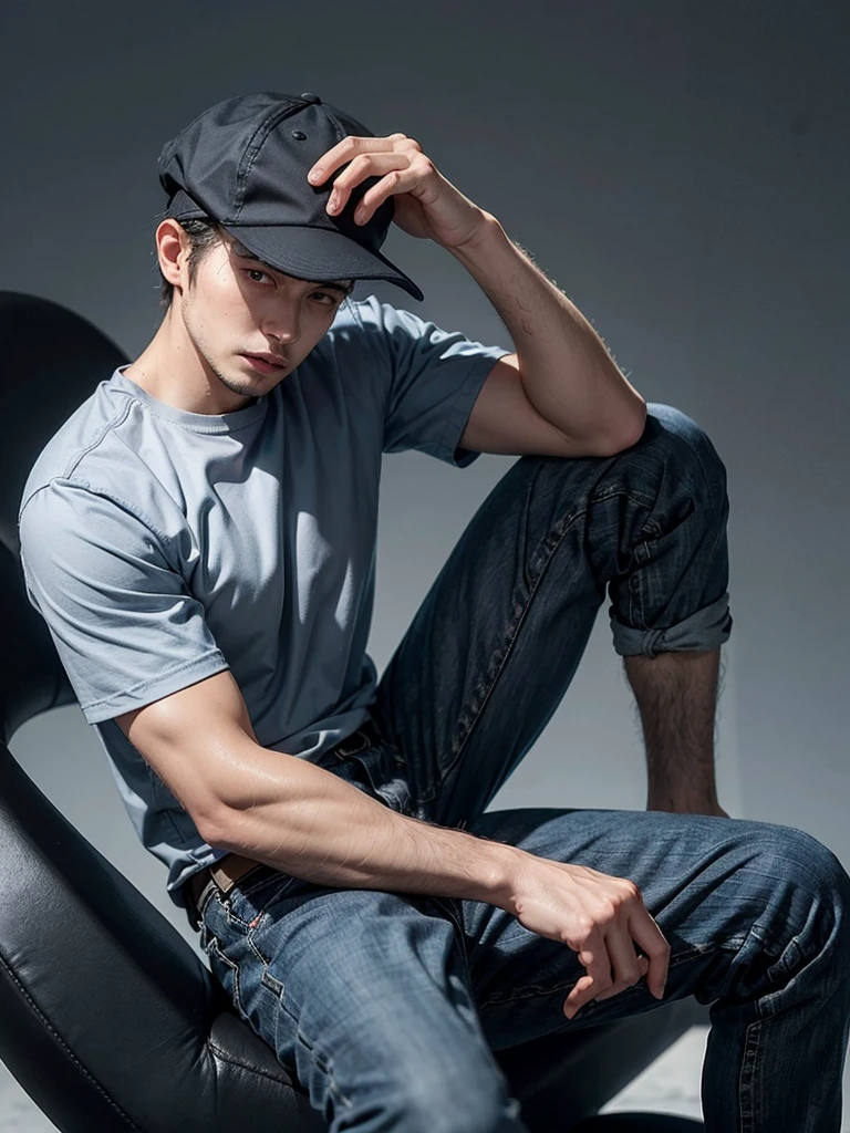 30-year-old man, tired eyes and dark circles, dark-skinned, loose clothing, gray shirt, blue pants, black hat, muscular, tired of life.