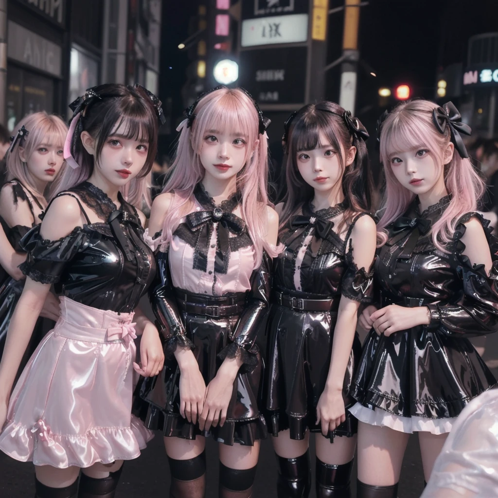 8K resolution, surreal, Super detailed, high quality, perfect anatomy, jammed, (7 girls)++, group shot, grin, smiling, Phenomenally cute, perfect proportion, full body, (((shiny black satin, shiny pink satin, jirai fashion, short dress with many frills, Lace, micro mini skirt, bow ribbon)))+, (((bleached hair)))+, ((extra large breasts)), ((crowded with girls)), ((At the middle of most crowded Shibuya street at late night:1.2)), ((see-through black thighhighs))+, looking at viewer