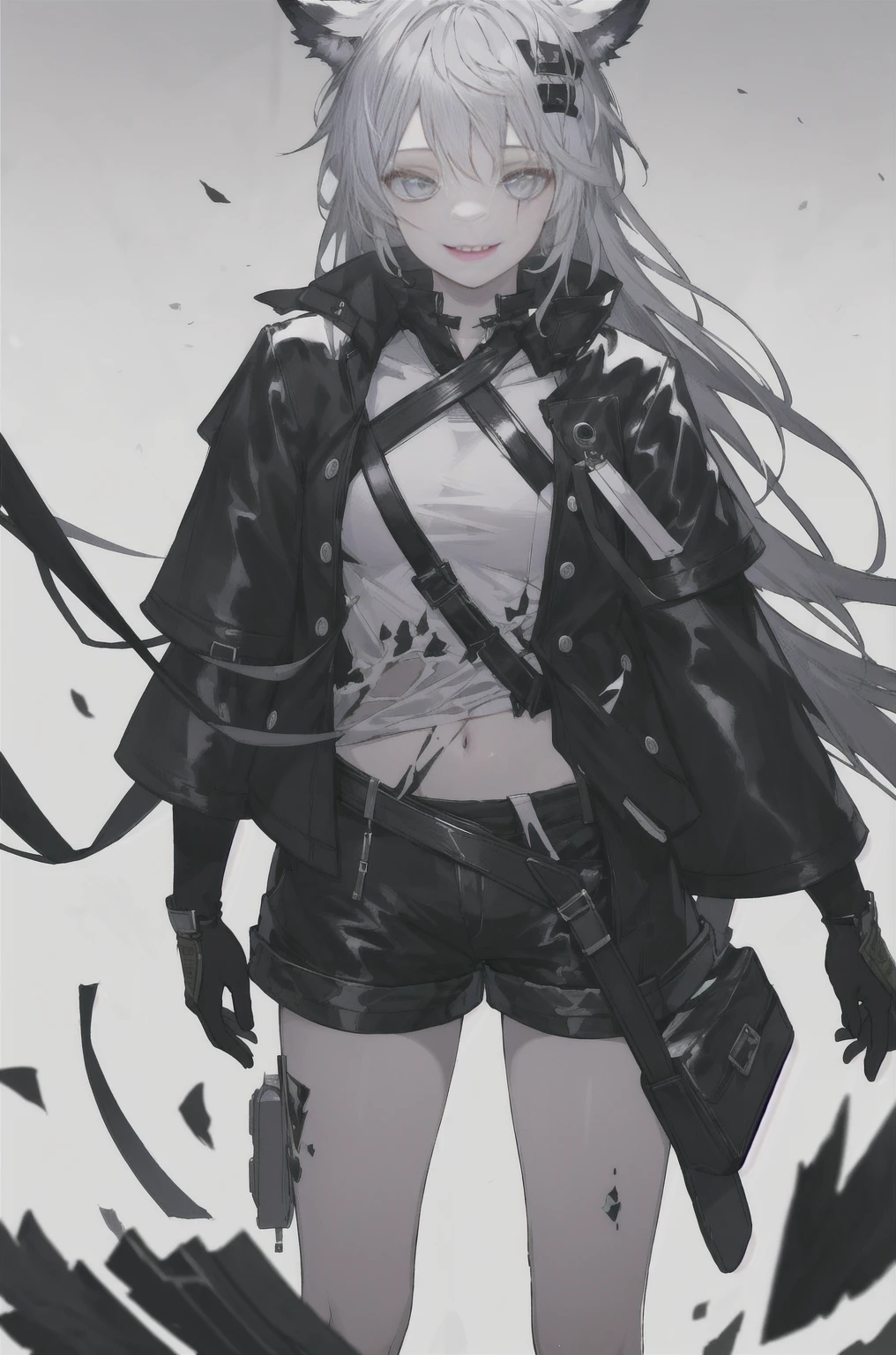 8K,high resolution,absurd,masterpiece,best quality,The original,Extremely detailed CG,Extremely detailed wallpaper,Perfect lighting,1 Girl,Vague_background,
(hutaodef:1.2),Black shorts,black h在 with h在 ,Regular Clothes,smile