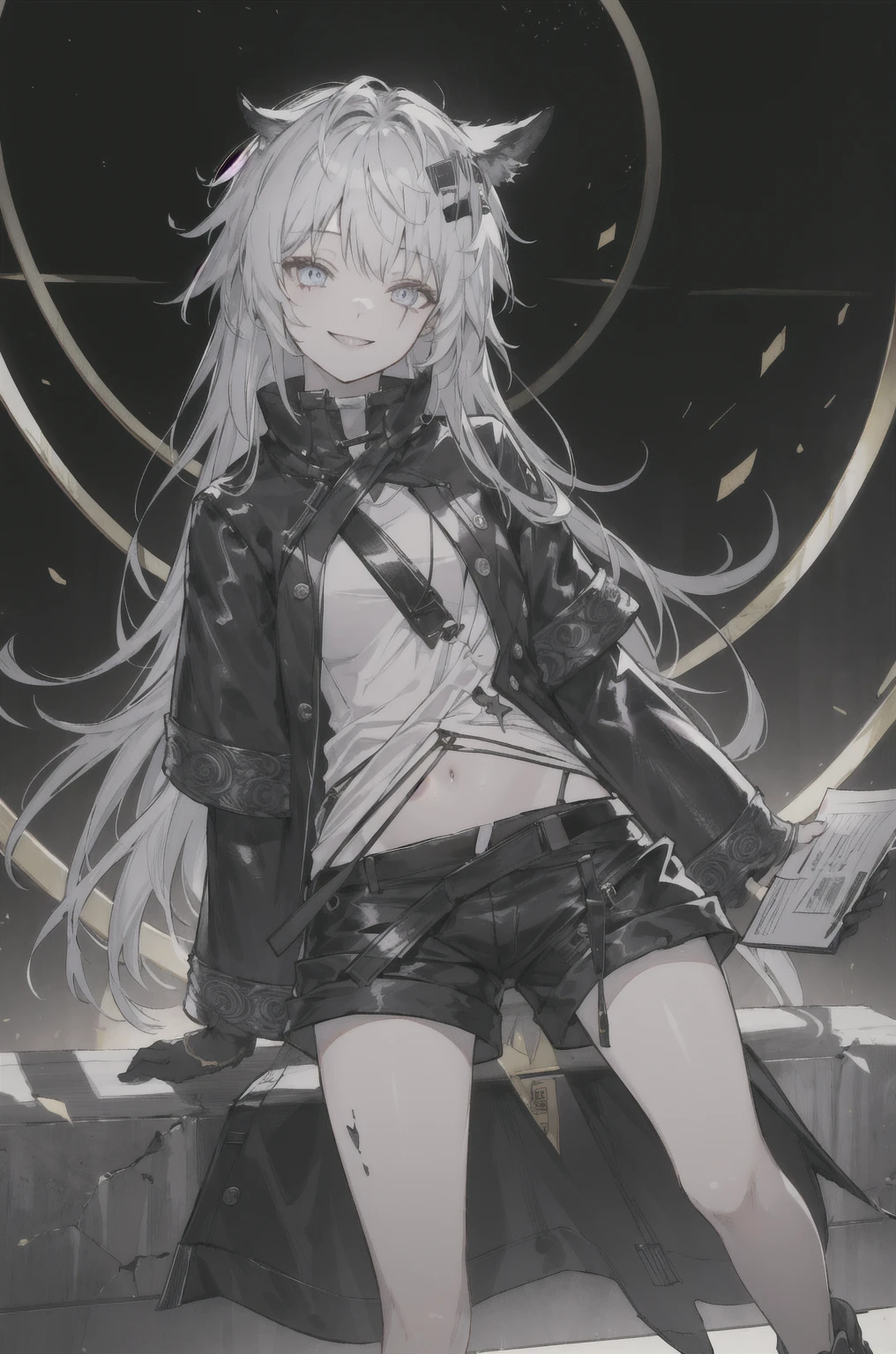 8K,high resolution,absurd,masterpiece,best quality,The original,Extremely detailed CG,Extremely detailed wallpaper,Perfect lighting,1 Girl,Vague_background,
(hutaodef:1.2),Black shorts,black h在 with h在 ,Regular Clothes,smile