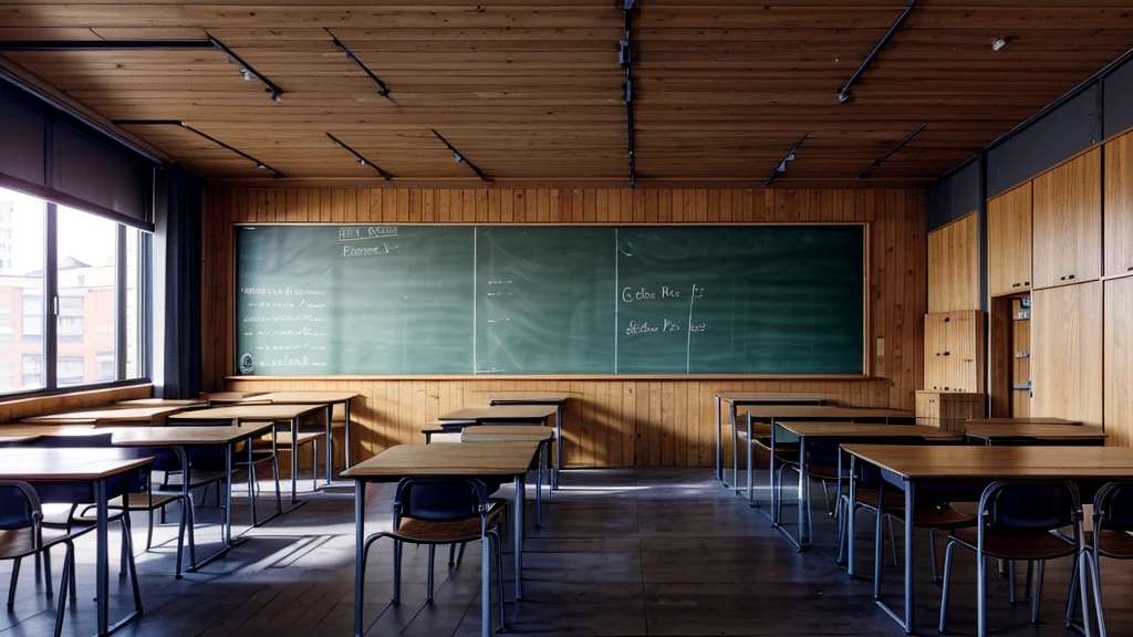 Classroom, multiple desks and Charis, spacious, chalkboard, blackboard at front of the class, teachers desk at the front of room, light wood colors, golden, no people, empty classroom, straight on POV from back of class, no POV angles, linear, clean chairs, detailed chairs, detailed desks, high resolution, door on right side of room