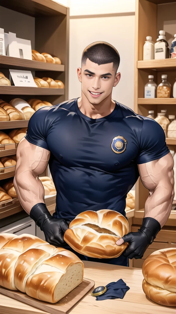 (handsome Man sitting on table eating bread ),(crew cut short hair:1.8),black eye,(Wear a fitted round neck t-shirt in navy with a police badge.:1.5),(fit neck),Navy blue jeans,(black_gloves:1.2), Korean guy,chest muscles,large arm muscles,blood vessel,Big muscles,Broad shoulders, (open mouth:1.2),(face up:1.2),(open eyes:1.5), middle of the road,smile, In the bread shop,