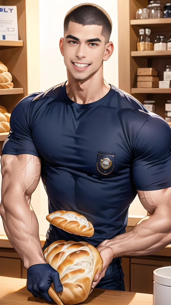 (handsome Man sitting on table eating bread ),(crew cut short hair:1.8),black eye,(Wear a fitted round neck t-shirt in navy with a police badge.:1.5),(fit neck),Navy blue jeans,(black_gloves:1.2), Korean guy,chest muscles,large arm muscles,blood vessel,Big muscles,Broad shoulders, (open mouth:1.2),(face up:1.2),(open eyes:1.5), middle of the road,smile, In the bread shop,