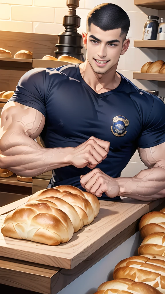 (handsome Man sitting on table eating bread ),(crew cut short hair:1.8),black eye,(Wear a fitted round neck t-shirt in navy with a police badge.:1.5),(fit neck),Navy blue jeans,(black_gloves:1.2), Korean guy,chest muscles,large arm muscles,blood vessel,Big muscles,Broad shoulders, (open mouth:1.2),(face up:1.2),(open eyes:1.5), middle of the road,smile, In the bread shop, 