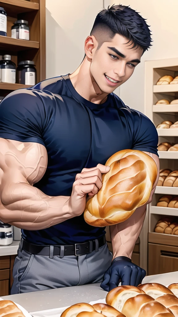 (handsome Man sitting on table eating bread ),(crew cut short hair:1.8),black eye,(Wear a fitted round neck t-shirt in navy with a police badge.:1.5),(fit neck),Navy blue jeans,(black_gloves:1.2), Korean guy,chest muscles,large arm muscles,blood vessel,Big muscles,Broad shoulders, (open mouth:1.2),(face up:1.2),(open eyes:1.5), middle of the road,smile, In the bread shop,