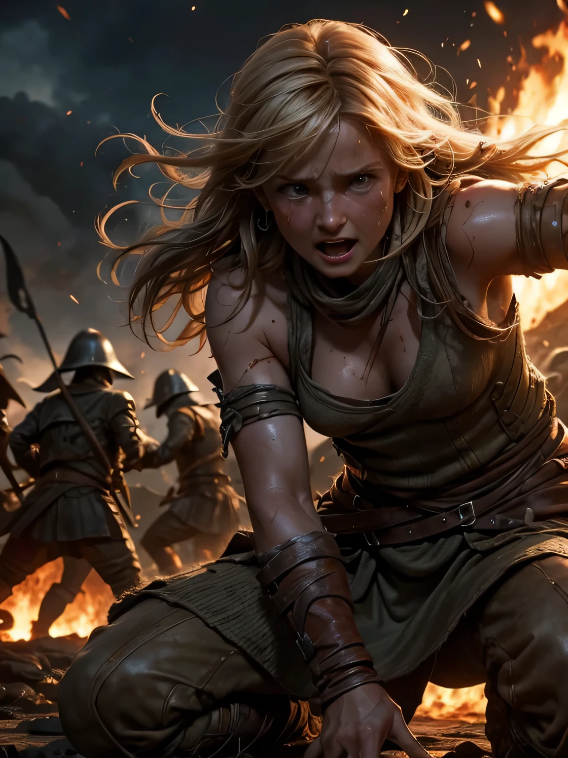 Helen Skelton, Battle of Helm's Deep, close-up action shot from ground level, naked orc warrior, angry, swearing, sweating, damp hair, on a bloody battlefield, explosion, fires