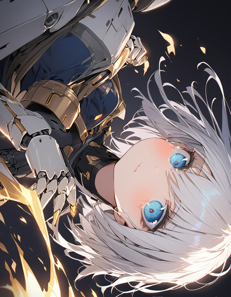 The white-haired girl cried sadly Mechanical joints 傑作 A girl fighting with golden flames (Short Bob Hair:1.4),(blue eyes)glowing flame big tits golden flame on fist Perfect Fingers