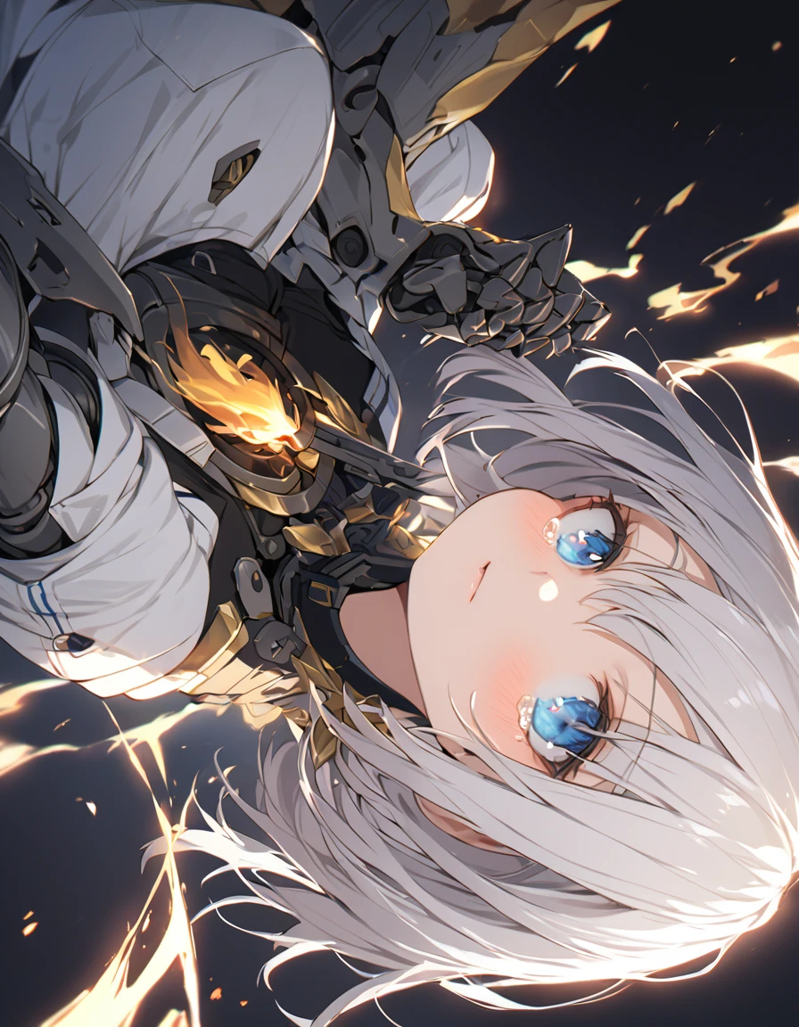 The white-haired girl cried sadly　　Mechanical joints　傑作 A girl fighting with golden flames (Short Bob Hair:1.4),(blue eyes)glowing flame big tits golden flame on fist　Perfect Fingers
