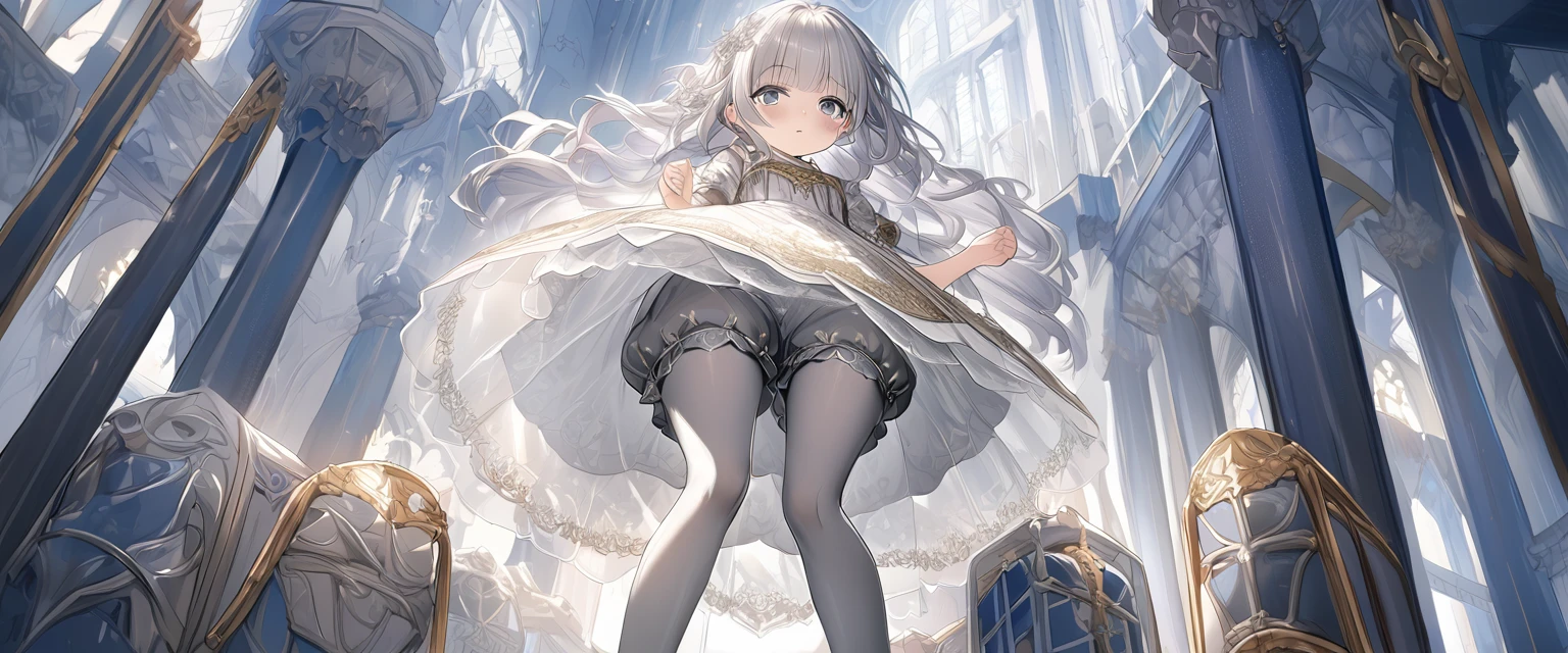 (Highly detailed CG Octane render 8k wallpaper), The most beautiful works of art in the world, Full body shot from below, Complex, High detail, 8Year old girl, Gold and silver embroidery, Grey Pearl Medieval Mini Dress(With panniers), Translucent fabric, Please lift your skirt, Strong winds, Translucent slip, Grey translucent tights, Peeking from below, Highest quality, Disorder of clothing, Lying down, underwear, Show off your thighs, night、Wearing bloomers