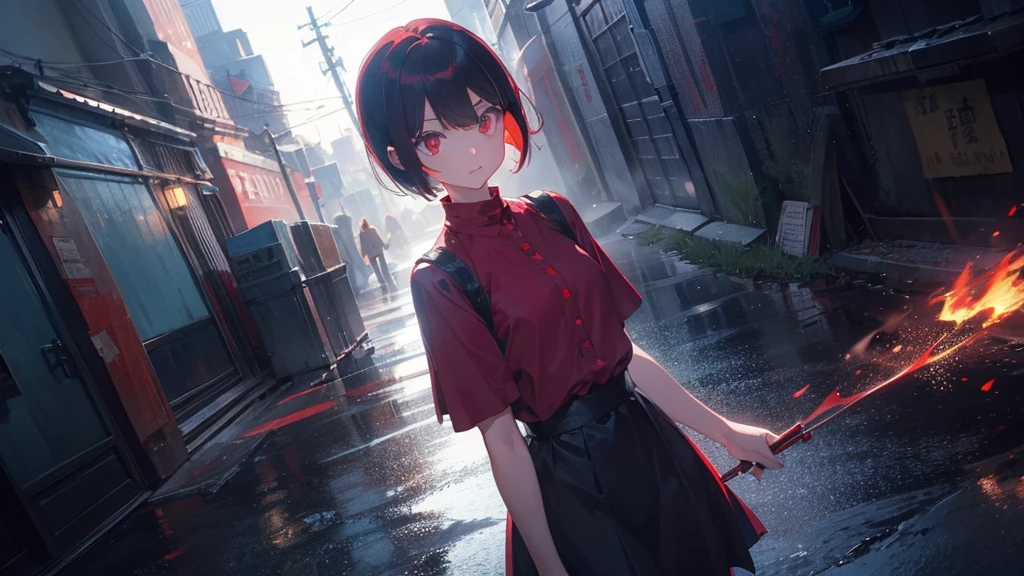 girl with short bob hair,Red eyes ,A shining heaven,Walking in heaven,A distant view