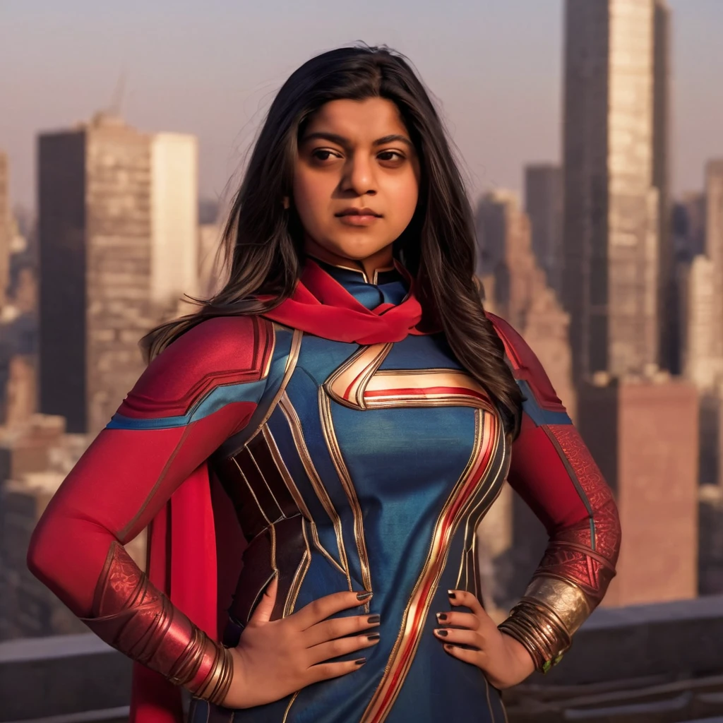 kamala khan as ms marvel, typical young indian woman , wearing saree version of ms marvel costume, clearly look of sexy pattern bra, seductive pose, detailed face, studio light, sharp focus, creamy shining body, new york background