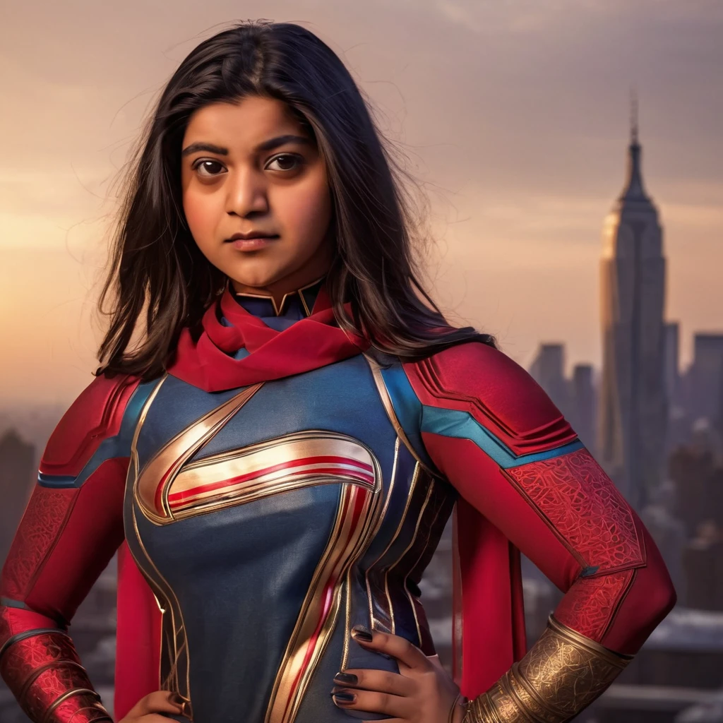 kamala khan as ms marvel, typical young indian woman , wearing saree version of ms marvel costume, clearly look of sexy pattern bra, seductive pose, detailed face, studio light, sharp focus, creamy shining body, new york background