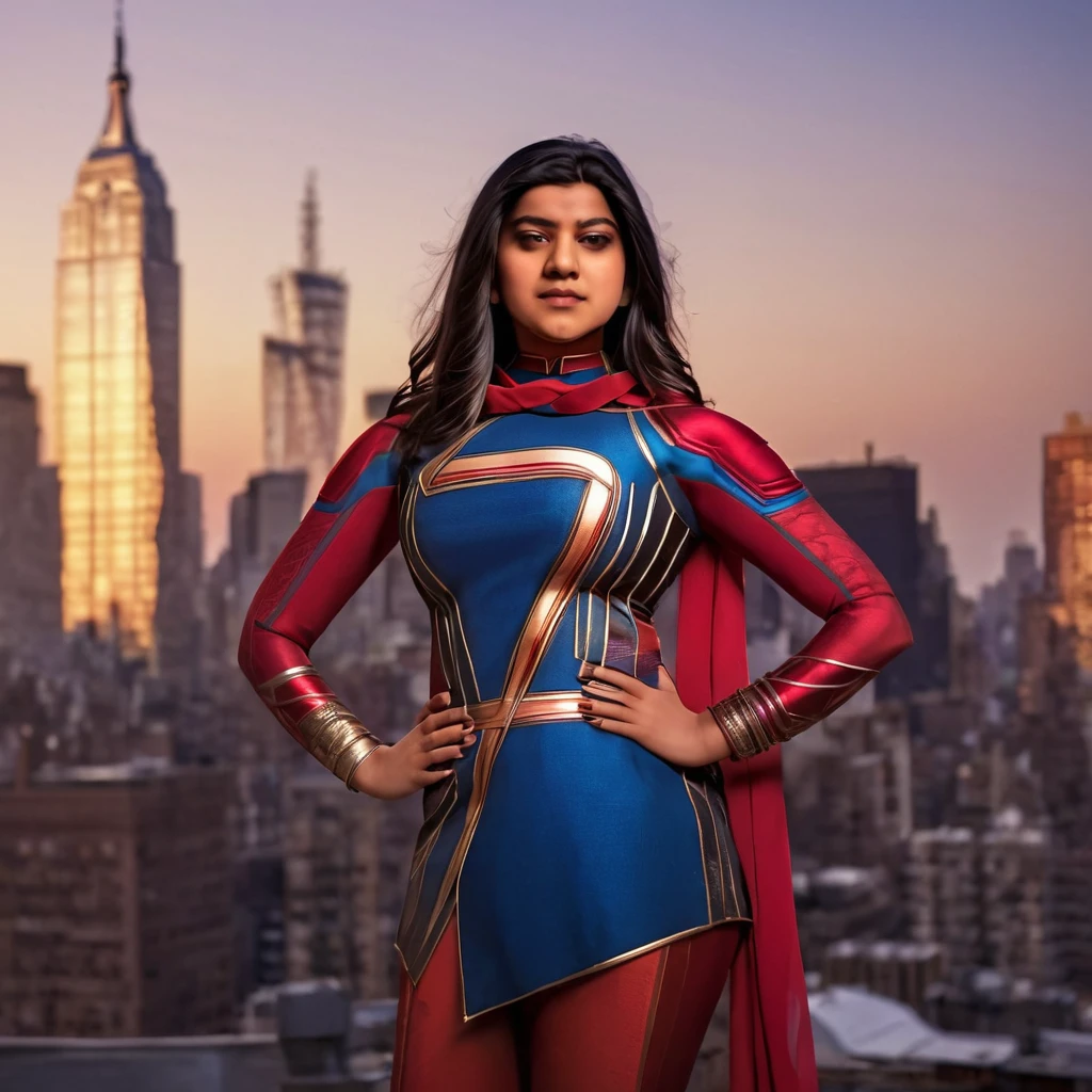 kamala khan as ms marvel, typical young indian woman , wearing saree version of ms marvel costume, clearly look of sexy pattern bra, seductive pose, detailed face, studio light, sharp focus, creamy shining body, new york background