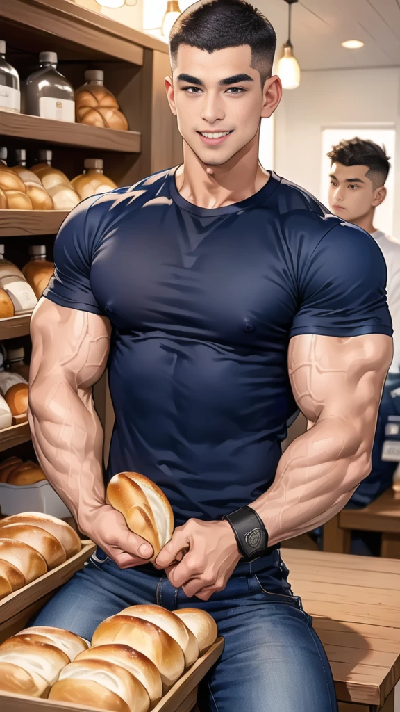 (NSFW: 1.5), (handsome Man sitting on table eating bread ),(crew cut short hair:1.8),black eye,(Wear a fitted round neck t-shirt in navy with a police badge.:1.5),(fit neck),Navy blue jeans,(black_gloves:1.2), Korean guy,chest muscles,large arm muscles,blood vessel,Big muscles,Broad shoulders, (open mouth:1.2),(face up:1.2),(open eyes:1.5), middle of the road,smile, In the bread shop,