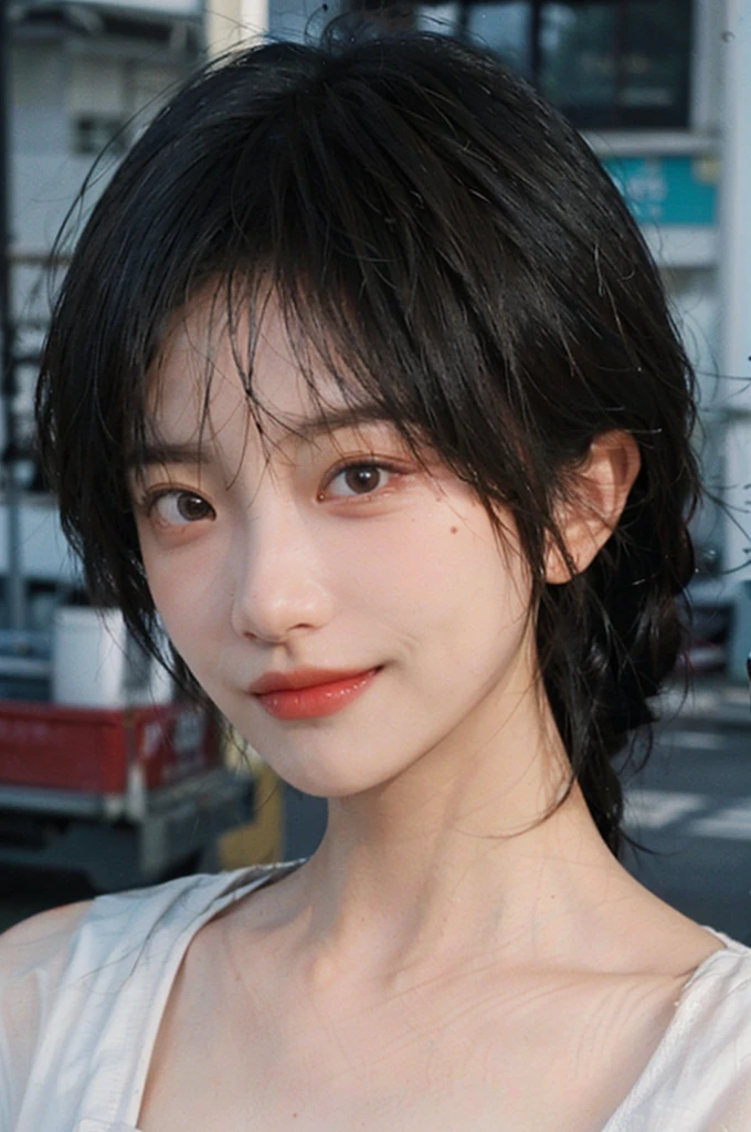 1 girl，short hair,Smile,serene, calm,shirt，Moles under the eyes,Exquisite eyes, Delicate face,Lipstick,earrings,Hair details, (Large Breasts:1.0),outdoor,Seaside background，seaside，(Skin details:1.4),(Realistic and detailed eyes：1.2）, Natural skin texture, Realistic facial details,Close-up of face,Portrait Photography,(Portrait Photography:1.1), (smooth skin textures:1.3), (Highest quality real skin textures:1.4), Direct vision,Soft dramatic lighting, Vivid details, 35 mm film, (Photo Practical:1.4), (hyper Practical:1.4), (Practical:1.3), (Smoother lighting:1.05), (Improve lighting quality:0.9), (Enhance the beauty of skin texture:1.1), Depth of Field, Bokeh, Surrealism, Ray Tracing, ( Surrealism, High Detail, Chiaroscuro, Ray Tracing, reflected light, Ultra HD, Ultra HD, masterpiece, Textured Skin, Super Detail, High Detail, high quality, best quality