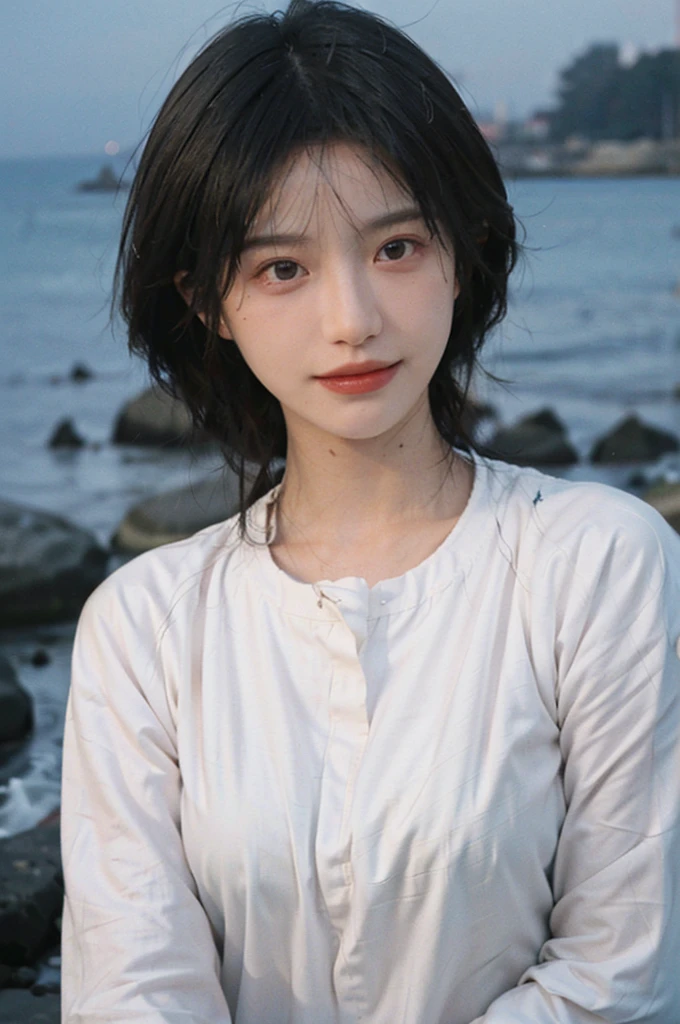1 girl,short hair,Smile,serene, calm,shirt,Moles under the eyes,Exquisite eyes, Delicate face,Lipstick,earrings,Hair details, (Large Breasts:1.0),outdoor,Seaside background,seaside,(Skin details:1.4),(Realistic and detailed eyes:1.2), Natural skin texture, Realistic facial details,Close-up of face,Portrait Photography,(Portrait Photography:1.1), (smooth skin textures:1.3), (Highest quality real skin textures:1.4), Direct vision,Soft dramatic lighting, Vivid details, 35 mm film, (Photo Practical:1.4), (hyper Practical:1.4), (Practical:1.3), (Smoother lighting:1.05), (Improve lighting quality:0.9), (Enhance the beauty of skin texture:1.1), Depth of Field, Bokeh, Surrealism, Ray Tracing, ( Surrealism, High Detail, Chiaroscuro, Ray Tracing, reflected light, Ultra HD, Ultra HD, masterpiece, Textured Skin, Super Detail, High Detail, high quality, best quality