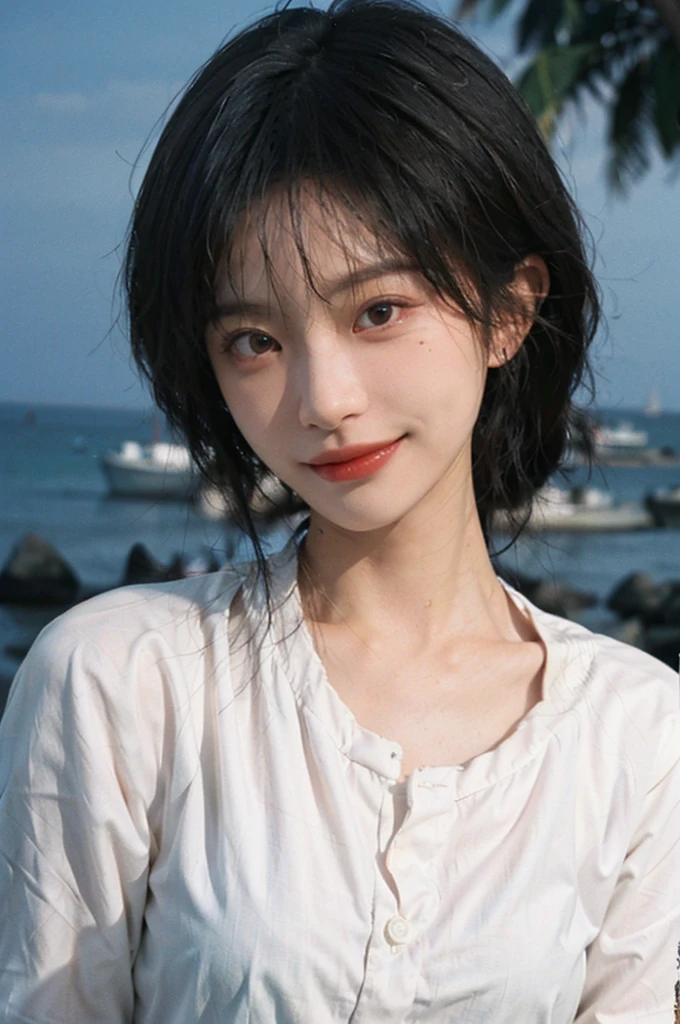 1 girl，short hair,Smile,serene, calm,shirt，Moles under the eyes,Exquisite eyes, Delicate face,Lipstick,earrings,Hair details, (Large Breasts:1.0),outdoor,Seaside background，seaside，(Skin details:1.4),(Realistic and detailed eyes：1.2）, Natural skin texture, Realistic facial details,Close-up of face,Portrait Photography,(Portrait Photography:1.1), (smooth skin textures:1.3), (Highest quality real skin textures:1.4), Direct vision,Soft dramatic lighting, Vivid details, 35 mm film, (Photo Practical:1.4), (hyper Practical:1.4), (Practical:1.3), (Smoother lighting:1.05), (Improve lighting quality:0.9), (Enhance the beauty of skin texture:1.1), Depth of Field, Bokeh, Surrealism, Ray Tracing, ( Surrealism, High Detail, Chiaroscuro, Ray Tracing, reflected light, Ultra HD, Ultra HD, masterpiece, Textured Skin, Super Detail, High Detail, high quality, best quality