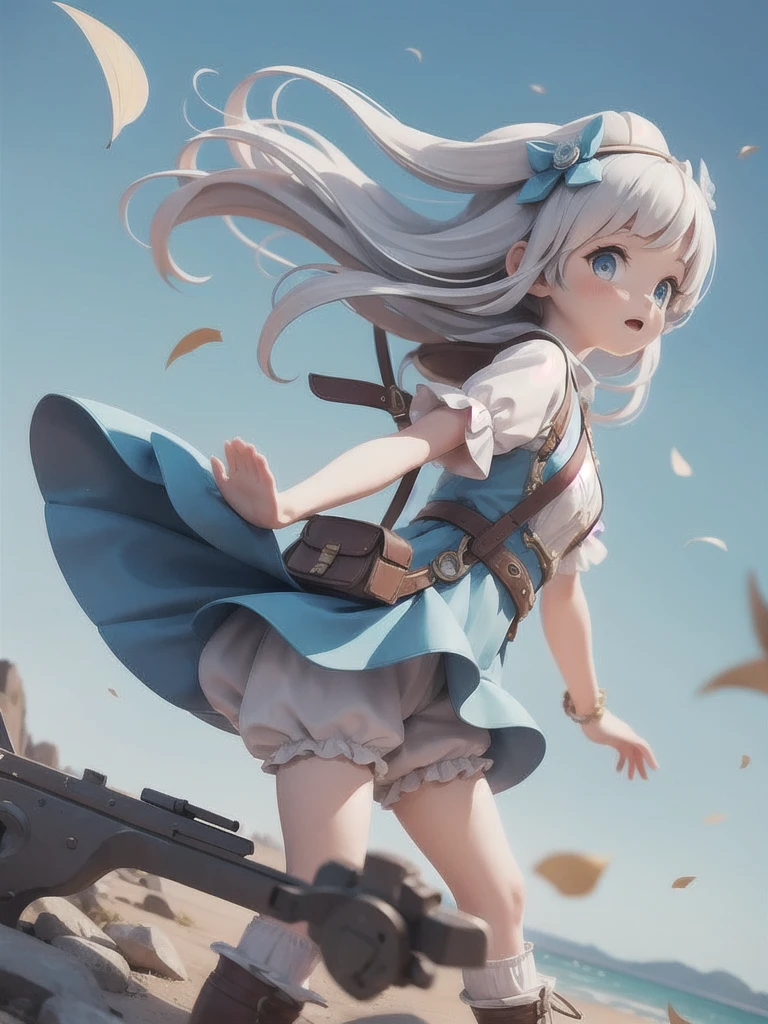 Girl 、Medieval dress with panniers、Fabric Realism、Low - Angle、Wearing bloomers、I can see the drawers、Pull up the hem of your dress with your hands、Strong winds、blue sky