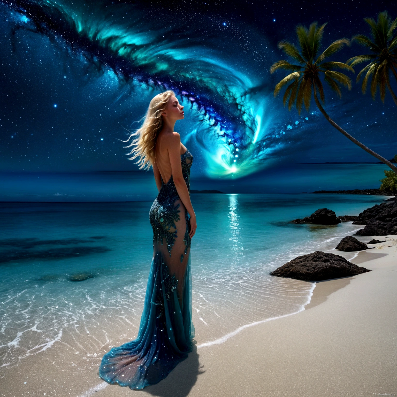 The night sky comes alive with an eye that seems to hypnotize you, surrounded by a web of stars, nebulae and cosmic dust. From a bird's-eye view, you catch a glimpse of a beautiful, seductive blonde dressed in a translucent gown, adorned with iridescent blues. Beneath this cosmic display, depict a tranquil beach with the surface of the ocean is sparkling, lush and symmetrically reflects the sparkling nebulae and luminous astral bodies dot.