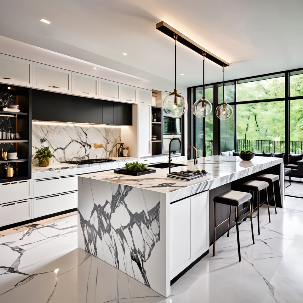 Design a modern and luxurious kitchen with a minimalist aesthetic. The kitchen features sleek white cabinets and black countertops, with multiple islands for additional workspace and seating. The floor is made of high-quality marble with intricate patterns, adding elegance to the space. The room is illuminated by unique hanging pendant lights and integrated LED lighting under the cabinets and islands. Ensure the kitchen includes state-of-the-art appliances and a functional layout, creating a bright, clean, and sophisticated atmosphere.