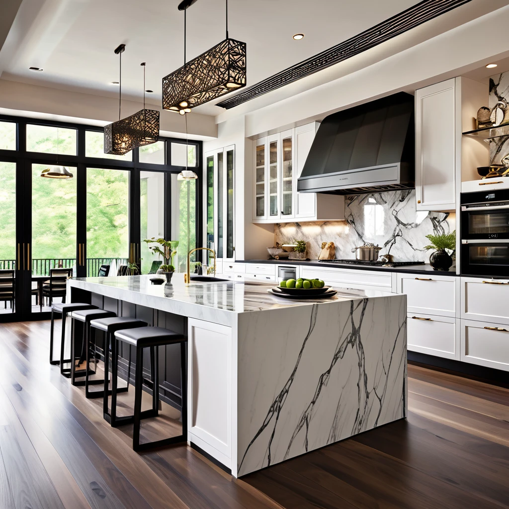 Design a modern and luxurious kitchen with a minimalist aesthetic. The kitchen features sleek white cabinets and black countertops, with multiple islands for additional workspace and seating. The floor is made of high-quality marble with intricate patterns, adding elegance to the space. The room is illuminated by unique hanging pendant lights and integrated LED lighting under the cabinets and islands. Ensure the kitchen includes state-of-the-art appliances and a functional layout, creating a bright, clean, and sophisticated atmosphere.