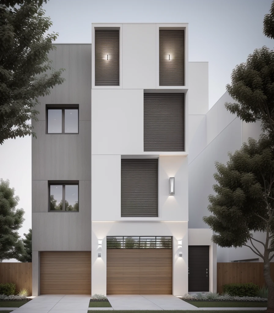townhouse, (modern style:1.2), exterior design, perspective, (white wall:1.3), wooden ceiling, open roof, (blocking sidewalks and asphalt roads), (real sky background), trees low around the house, overall peaceful cinematic photo atmosphere, (Neutral lighting suitable for modern villas, bright color thermometer lighting), (architectural design visualization), (reflection), (focus on object), (real reflective collision normal material), (scattered light), (light beam), (multi-beam light), (sunbeam) (multi-level reflection), (Visual rendering software Corona:1.2),((Best quality))), ((Masterpiece)), ((best illustration) ), ((best shadow)), ((Super detail)), (Intricate Lines), (Photorealism),(super detail), ((archdaily)), ((award winning design)), (dynamic lighting), ( (day)), focus, (perfect light), (shimmer), ((photorealistic)), ((intricate detail)), ((extremely detailed)), ((scientific)), ( (hyper detail)) , ((hyper detail)), ((hyper realistic)), ((insane detail)), ((octane rendering)), ((Cinematic)), ((coin artstation direction)), ((High Fidelity)) , ((Vivid)), ((Sharp)), ((Bright)), ((Gorgeous)), ((Eye-catching)), ( (High quality)),((Sharp))((Bright) ), ((Gorgeous)), ((Natural sunlight)), ((Eye-catching)), ((Lighting)), ((Perfect)), ((High quality)),((Sharp edge rendering) ), ((medium soft lighting)), ((render image)), ((Archviz detail)), ((realistic environment)), (modern townhouse design facade architectural design), (modern townhouse facade roof design), (modern townhouse facade wall design), ( Modern townhouse facade decoration material design) (modern townhouse facade door and window design), (environmental lighting design), (modern townhouse facade lighting design), (modern townhouse front gate and fence design), (trees) townhouse facade decoration design), (Gate pole lamp design, fence), (townhouse facade railing design)
