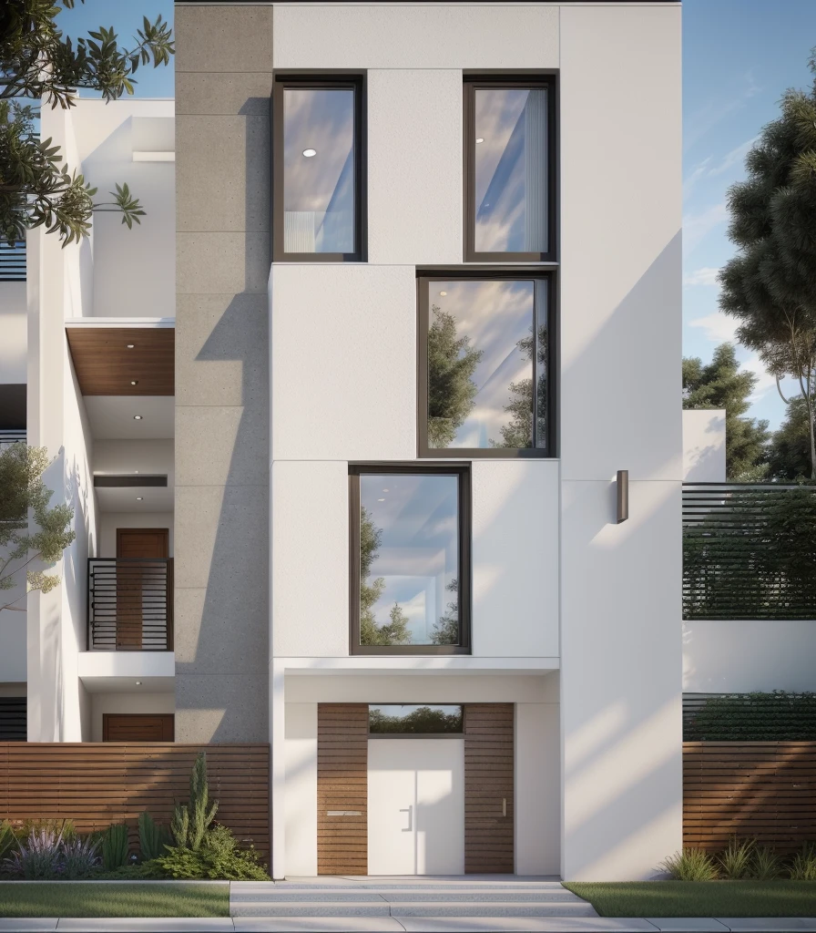 townhouse, (modern style:1.2), exterior design, perspective, (white wall:1.3), wooden ceiling, open roof, (blocking sidewalks and asphalt roads), (real sky background), trees low around the house, overall peaceful cinematic photo atmosphere, (Neutral lighting suitable for modern villas, bright color thermometer lighting), (architectural design visualization), (reflection), (focus on object), (real reflective collision normal material), (scattered light), (light beam), (multi-beam light), (sunbeam) (multi-level reflection), (Visual rendering software Corona:1.2),((Best quality))), ((Masterpiece)), ((best illustration) ), ((best shadow)), ((Super detail)), (Intricate Lines), (Photorealism),(super detail), ((archdaily)), ((award winning design)), (dynamic lighting), ( (day)), focus, (perfect light), (shimmer), ((photorealistic)), ((intricate detail)), ((extremely detailed)), ((scientific)), ( (hyper detail)) , ((hyper detail)), ((hyper realistic)), ((insane detail)), ((octane rendering)), ((Cinematic)), ((coin artstation direction)), ((High Fidelity)) , ((Vivid)), ((Sharp)), ((Bright)), ((Gorgeous)), ((Eye-catching)), ( (High quality)),((Sharp))((Bright) ), ((Gorgeous)), ((Natural sunlight)), ((Eye-catching)), ((Lighting)), ((Perfect)), ((High quality)),((Sharp edge rendering) ), ((medium soft lighting)), ((render image)), ((Archviz detail)), ((realistic environment)), (modern townhouse design facade architectural design), (modern townhouse facade roof design), (modern townhouse facade wall design), ( Modern townhouse facade decoration material design) (modern townhouse facade door and window design), (environmental lighting design), (modern townhouse facade lighting design), (modern townhouse front gate and fence design), (trees) townhouse facade decoration design), (Gate pole lamp design, fence), (townhouse facade railing design)