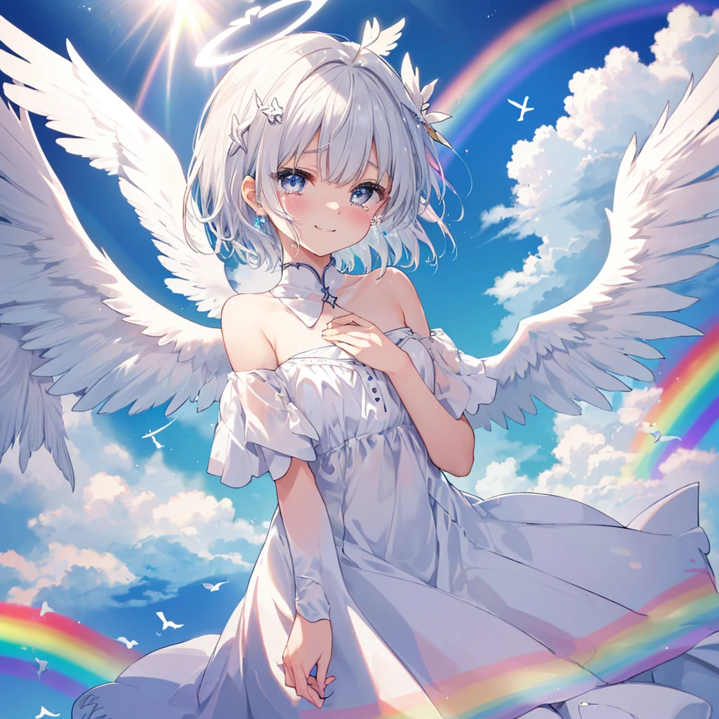 (((Extreme close-up tears smile Low - Angle Dove of peace Angel Halo))) ((輝くtears Rainbow Eyes Short Hair Receiving the light Rainbow light Place your hand on your chest Aurora Stretch your hand out towards me)) (Shining Edge Pillar of Light)