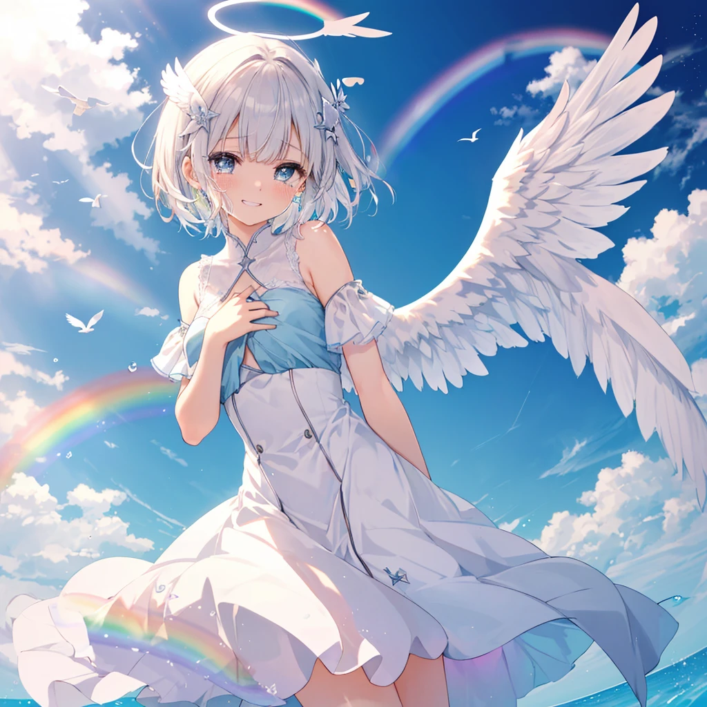 (((Extreme close-up　tears　smile　Low - Angle　Dove of peace　Angel Halo)))　((輝くtears　Rainbow Eyes　Short Hair　Receiving the light　Rainbow light　Place your hand on your chest　Aurora　Stretch your hand out towards me))　(Shining Edge　　Pillar of Light)