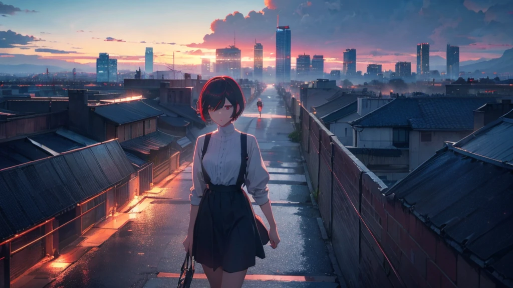 girl with short bob hair,Red eyes ,A shining heaven,Walking in heaven,A distant view,Buildings,up