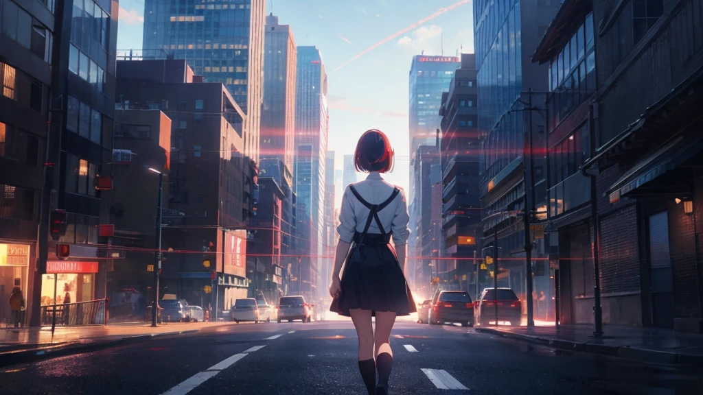 girl with short bob hair,Red eyes ,A shining heaven,Walking in heaven,A distant view,Buildings,up