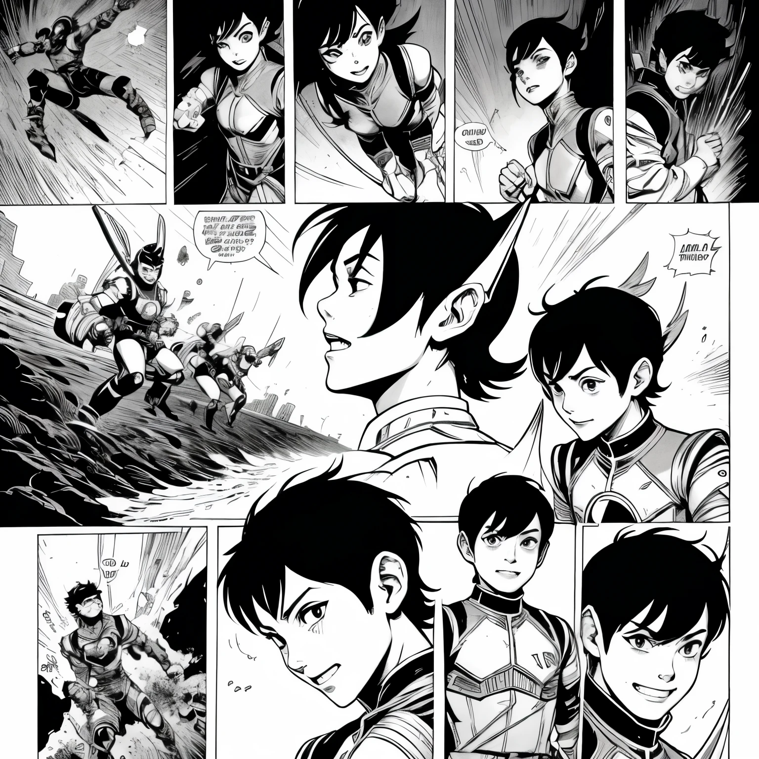 Bande dessinée. Drawn by Katsuya Terada. Archaic smile of Astro Boy with short black hair, comic page with panels, black and white ink, action scenes, dynamic angles.