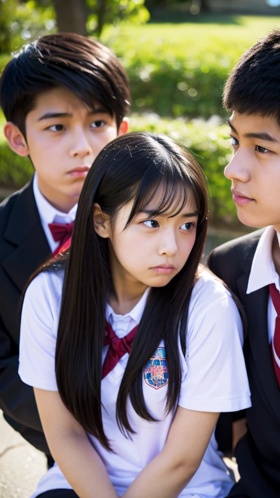 1 girl and 1 boy, a girl looks angry to boy, long black hair . a boy looks embarrassed, fat , skin head. Both are teenage, japanese, in the school. high resolution. 