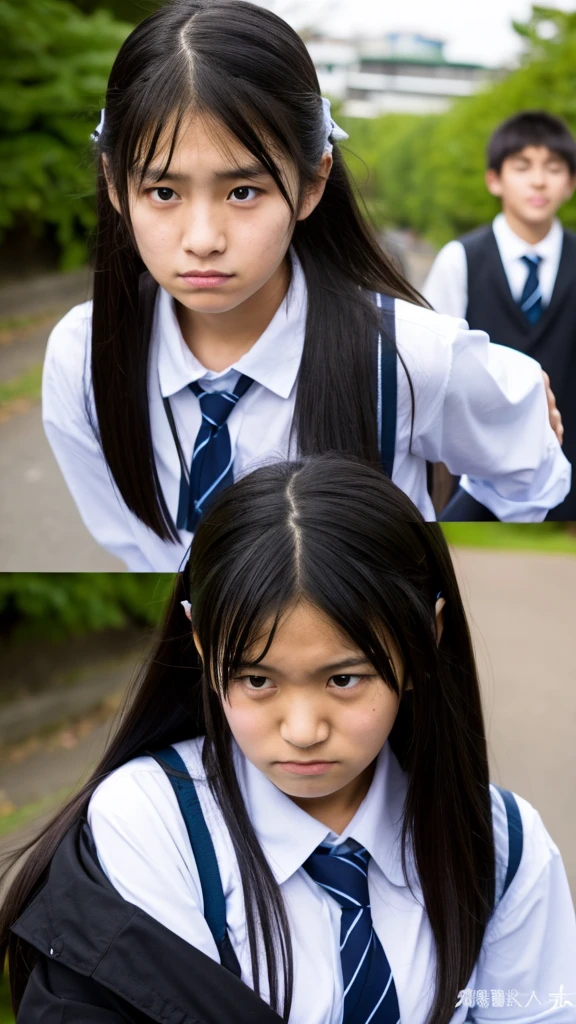 1 girl and 1 boy, a girl looks angry to boy, long black hair . a boy looks embarrassed, fat , skin head. Both are age, japanese, in the school. high resolution. 