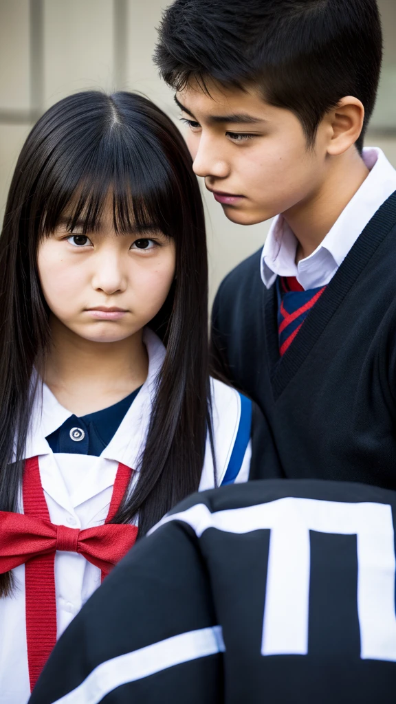 1 girl and 1 boy, a girl looks angry to boy, long black hair . a boy looks embarrassed, fat , skin head. Both are teenage, japanese, in the school. high resolution. 