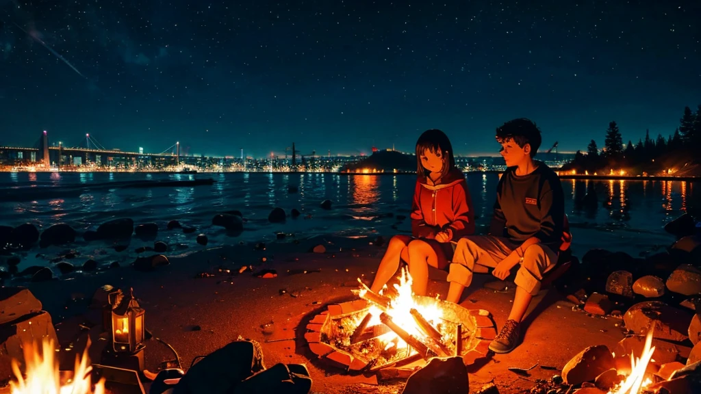 bonfire , night camp , couple holding hands
