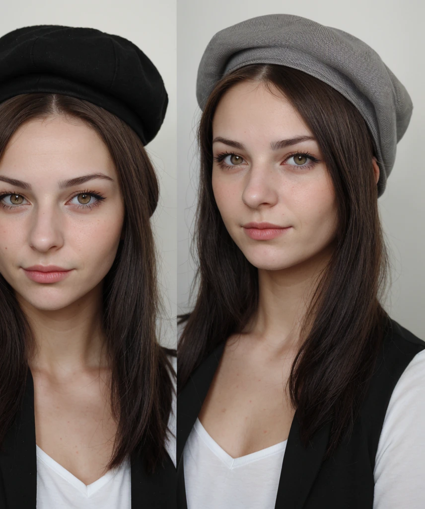 Portrait professionnel d’une femme brune de 25 ans, avec un beret noir, un long menteau de couleur crème et une chemise noire