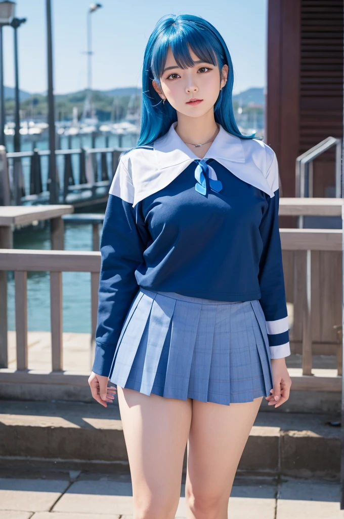 A blue-haired, thick-thighed JK wearing a sailor uniform