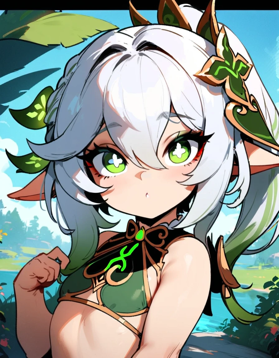 1girl, nahida \(genshin impact\), genshin impact \\\\\ masterpiece, best quality, very aesthetic, absurdres, newest \\\\\\ slim body,///// ,by nyantcha,cutesexyrobutts , by khyle,,////// beautiful face, sexy,  ,  greenery,bikini, lake, looking at viewer, close-up