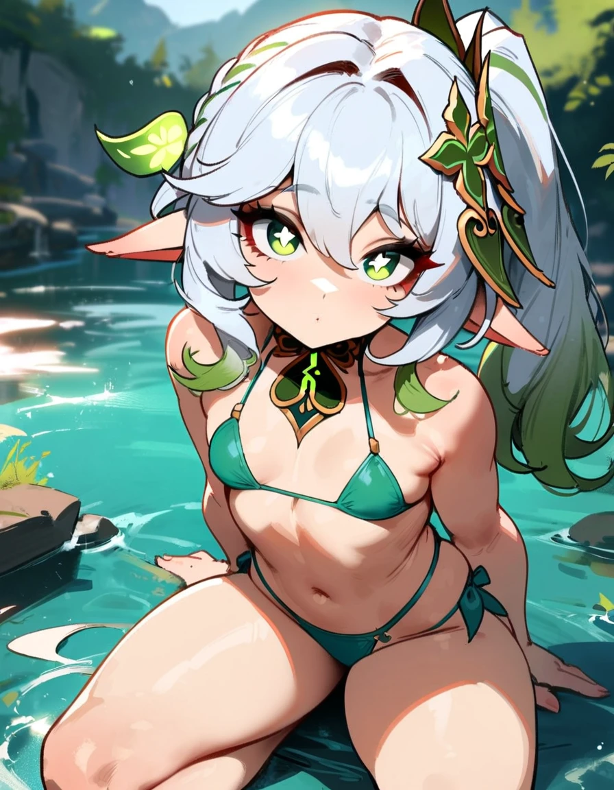 1girl, nahida \(genshin impact\), genshin impact \\\\\ masterpiece, best quality, very aesthetic, absurdres, newest \\\\\\ slim body,///// ,by nyantcha,cutesexyrobutts , by khyle,,////// beautiful face, sexy, , greenery,bikini, lake, looking at viewer, close-up
