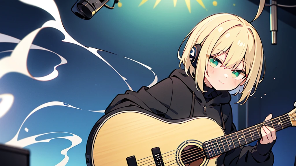 ((highest quality)), ((masterpiece)), (be familiar with), (Playing guitar in the studio)short hair、perfect face,white half-up hair,green mesh blonde、Smoke a cigarette、cool black hoodie,headphones,black gloves,turtleneck,alone,İcon、profile、Right beside、Expressionless、smile、Light-colored clothing
