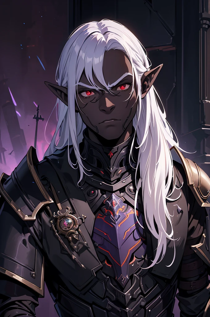 masterpiece, best quality, ultra high res, dark theme, 1boy, (dungeonpunk armor), (mechanical steampunk armor), (wearing armor), fantasy illustration, dark skinned, human, upper body, portrait, red eyes, long white hair, half-drow, pointy ears, serious face, young man, dramatic lighting, purple hue, art by Kinema Citrus