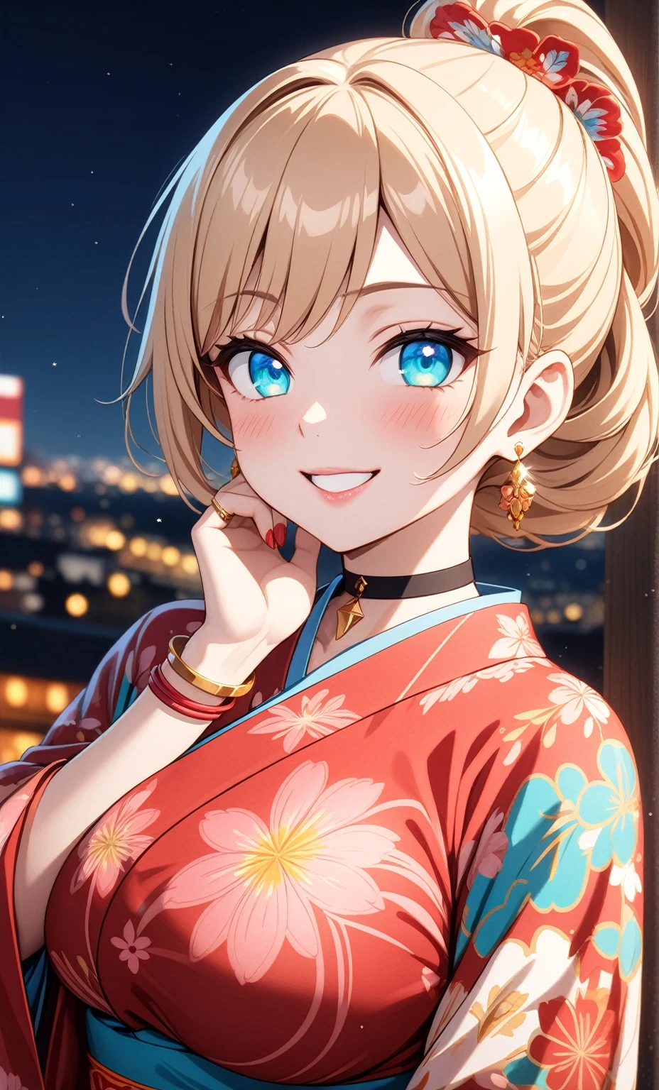 ((One personの女性)), Beautiful Face, ((seductive smile)),((Wink:1.6)), head tilt, Laugh with your mouth wide open,((Bright red cheeks:1.4)),Shiny red lips,night,rooftop,You can see the ocean, firework,Laughing with your mouth open,Glossy pink lips,Facial lighting,((Anime style background)),masterpiece, Highest quality, so beautiful,up to date, Complex details, (Pink long nails),(ring),(bracelet),(choker),AI-generated, Complex,High resolution, Highest quality, super high quality,3D Images、3D Images,One person,Long blonde hair,High Ponytail,(turquoise blue eyes),Anime woman posing for a photo, ((Fine grain、Colorful eyes、Shining Eyes:1.3)),(Squint your eyes:1.1),a hyperRealistic , hyperRealistic , Realistic,Anime woman with long white hair, Smooth anime CG art, A woman in a colorful kimono with gold embroidery, (Pink long sleeve kimono),Red floral pattern,Long flower hair ornament,Earrings,Mature Body,(Big Breasts:1.1),Tall,Abdominal muscles,Tight waist,(Zoom up to face:1.4),(dutch angle),(front view),