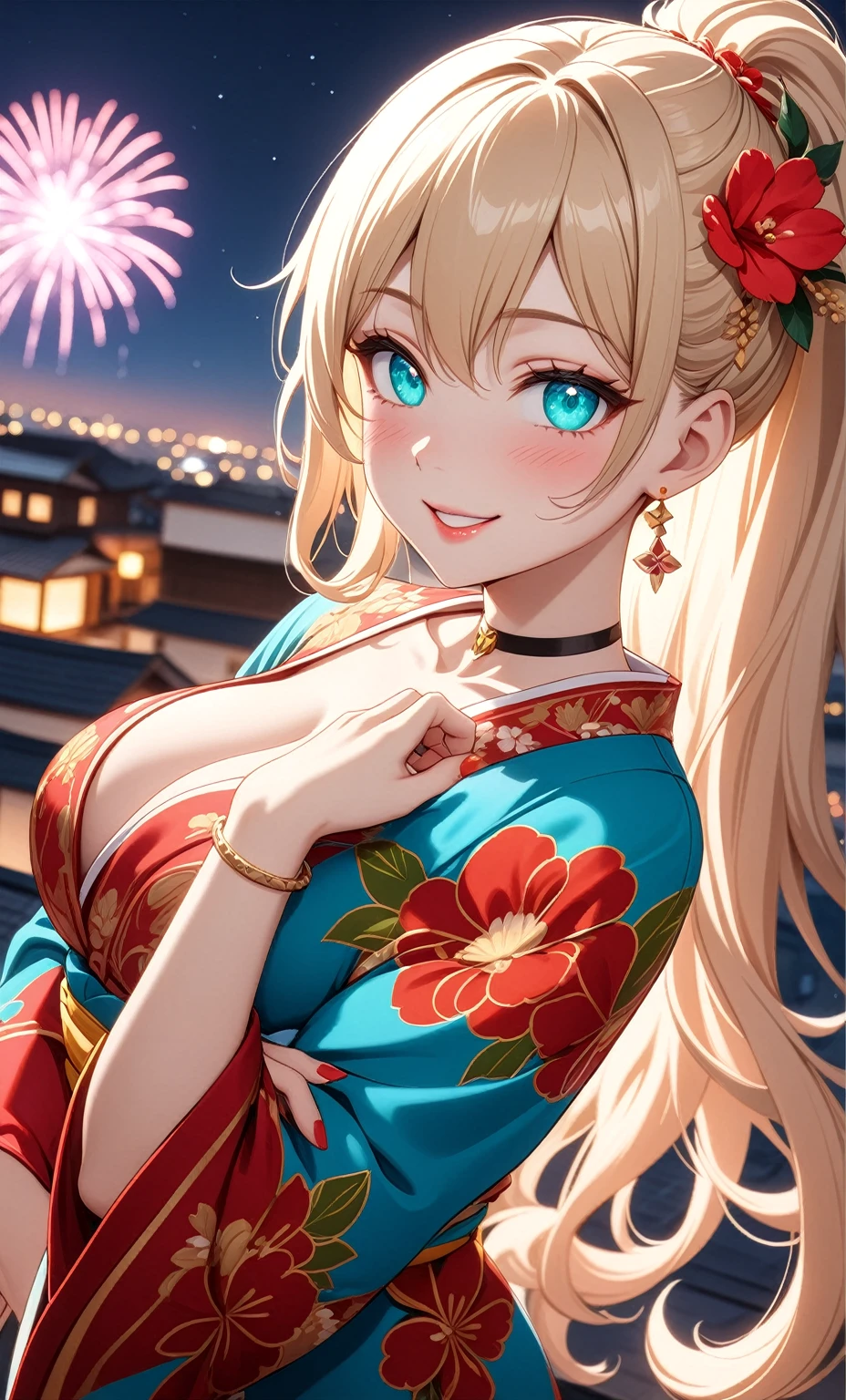 ((One personの女性)), Beautiful Face, ((seductive smile)),((Wink:1.6)), head tilt, Laugh with your mouth wide open,((Bright red cheeks:1.4)),Shiny red lips,night,rooftop,You can see the ocean, firework,Laughing with your mouth open,Glossy pink lips,Facial lighting,((Anime style background)),masterpiece, Highest quality, so beautiful,up to date, Complex details, (Pink long nails),(ring),(bracelet),(choker),AI-generated, Complex,High resolution, Highest quality, super high quality,3D Images、3D Images,One person,Long blonde hair,High Ponytail,(turquoise blue eyes),Anime woman posing for a photo, ((Fine grain、Colorful eyes、Shining Eyes:1.3)),(Squint your eyes:1.1),a hyperRealistic , hyperRealistic , Realistic,Anime woman with long white hair, Smooth anime CG art, A woman in a colorful kimono with gold embroidery, (Pink long sleeve kimono),Red floral pattern,Long flower hair ornament,Earrings,Mature Body,(Big Breasts:1.1),Tall,Abdominal muscles,Tight waist,(Zoom up to face:1.4),(dutch angle),(front view),