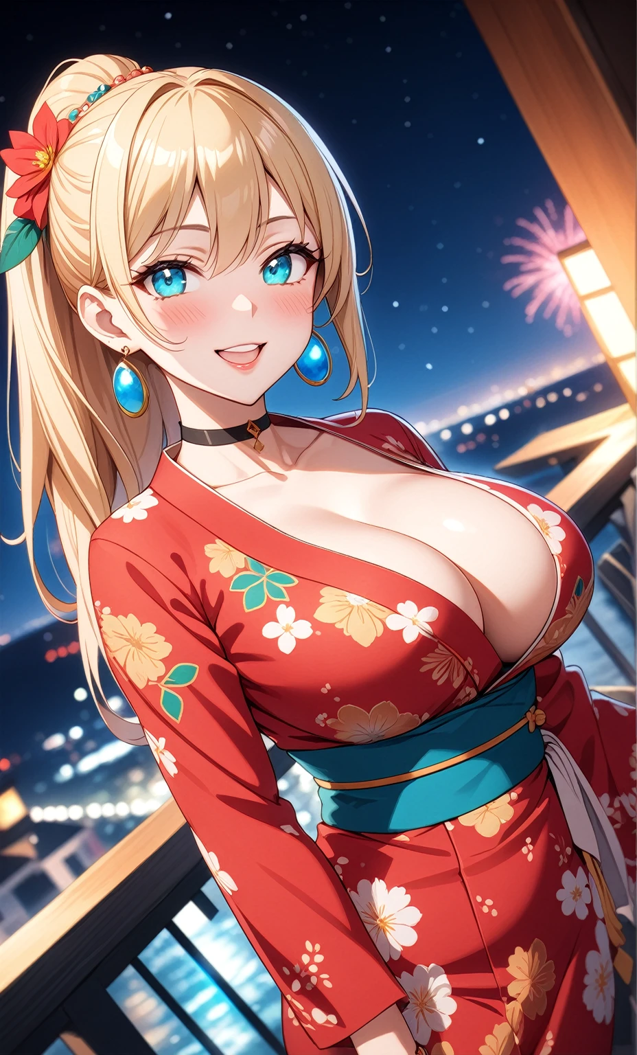 ((One personの女性)), Beautiful Face, ((seductive smile)),((Wink:1.6)), head tilt, Laugh with your mouth wide open,((Bright red cheeks:1.4)),Shiny red lips,night,rooftop,You can see the ocean, firework,Laughing with your mouth open,Glossy pink lips,Facial lighting,((Anime style background)),masterpiece, Highest quality, so beautiful,up to date, Complex details, (Pink long nails),(ring),(bracelet),(choker),AI-generated, Complex,High resolution, Highest quality, super high quality,3D Images、3D Images,One person,Long blonde hair,High Ponytail,(turquoise blue eyes),Anime woman posing for a photo, ((Fine grain、Colorful eyes、Shining Eyes:1.3)),(Squint your eyes:1.1),a hyperRealistic , hyperRealistic , Realistic,Anime woman with long white hair, Smooth anime CG art, A woman in a colorful kimono with gold embroidery, (Pink long sleeve kimono),Red floral pattern,Long flower hair ornament,Earrings,Mature Body,(Big Breasts:1.1),Tall,Abdominal muscles,Tight waist,(Zoom up to face:1.4),(dutch angle),(front view),