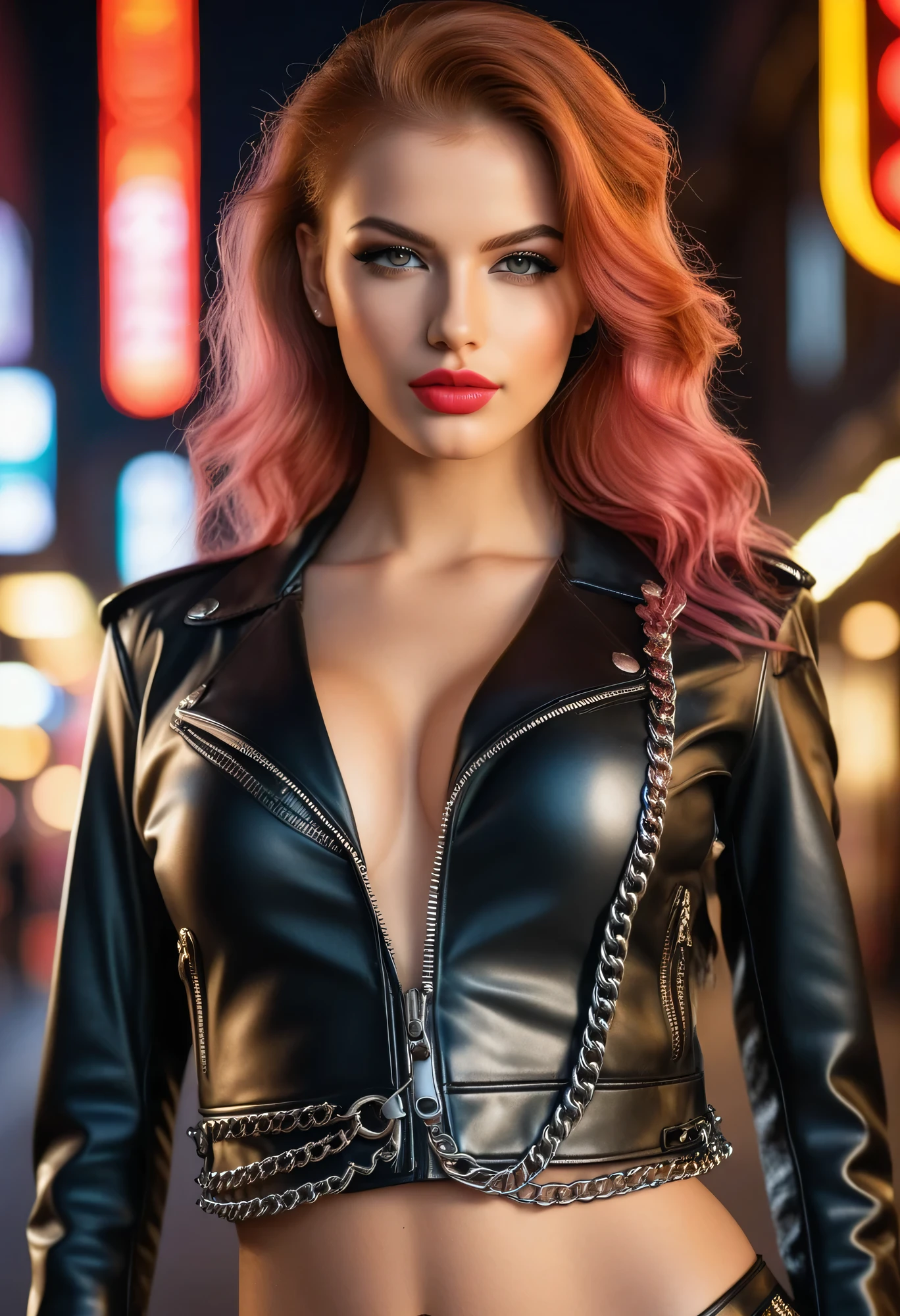 photorealistic Realism 16K Quality: ((ultra absurd details quality realistic texture skin)), (extremely beautiful face, beautiful lips, beautiful eyes), intricate detail face, ((Hyper details realistic black_eyes:1.25)), ((finely details pupils:1.3)), ((detailed symmetrical lips:1.3)), (Best Quality,4k,hight resolution:1.2),Ultra-detailed, Photorealistic photo (portrait), (1 European girl, hot model, 18-years-old), with a perfect body, super fine face and eyes, (light makeup, [[[pink lipstick]]], eyeliner), (perfect proportions), (anatomically correct), ((perfect hands:1.2)), ((perfect female body:1.4)), cute girl, ((super beautiful cute sharp-face)), ((view the viewer)), ((red long hair slicked to the side, extremely detailed)), (dressed in a slave's bra with [[chains]]), ((breasts covered by sexy chainmail)), ((Black latex shorts), intricate details:1.25), ((unbuttoned chains leather motorcycle jacket:1.33), intricate details:1.25), ((large full breasts:1.5)), (narrow waist:1.2), medium ass, ((Whitens skin, slim face)), beautiful cheekbones, slim belly: 1.2, (very slim, slim well-muscled body:1.2), The attention to detail, Double eyelids, (Erotic:1.3), satisfaction smile, gorgeous appearance, electrifying appearance, ((cowboy shot)), (Dynamic pose: 1.7), ((city night), (neon sign), (night), walking)
