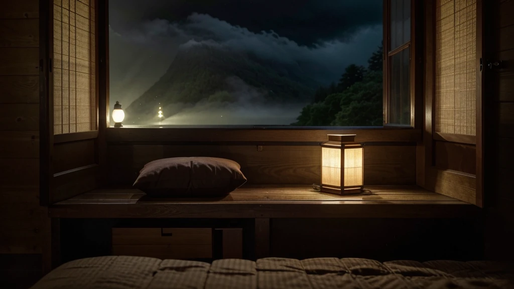 Beyond the bottom bed of the screen,the view outside the door is full of screens, and on the front, a cozy bed is close-up on the side. Outdoor scenery that occupies the entire screen A small wooden table under the bed holds a glowing lamp. The warm light contrasts with the cool colors outside.japan , ultra detailed bedroom, There are pots on the table, adding a little green color. It's an outdoor wooden boat wet, heavy fog, wet, deep forest, Beyond the fully open balcony, you can see traditional Japanese houses through dense leaves. Their silhouettes are gently illuminated by the ambient light. Dark and cloudy skies suggest evening or cloudy days. prodigious amounts of information, realistic, HD, clear, high resolution, ultra wide shot, depth of field, bokeh, cinematic atmosphere., Macro photography, close-up, hyper detailed, trending on artstation, sharp focus, studio photo, intricate details, highly detailed, modern japanese bedroom, rock, dark forest view,